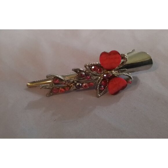 Vintage Red Heart Butterfly & Rhinestone Metal Hair Clip Barrette - Picture 1 of 3